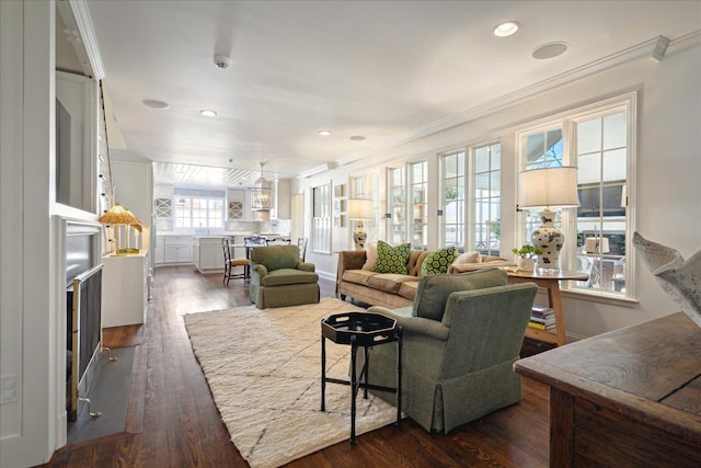 living area featuring dark wood-style floors, crown molding, and recessed lighting