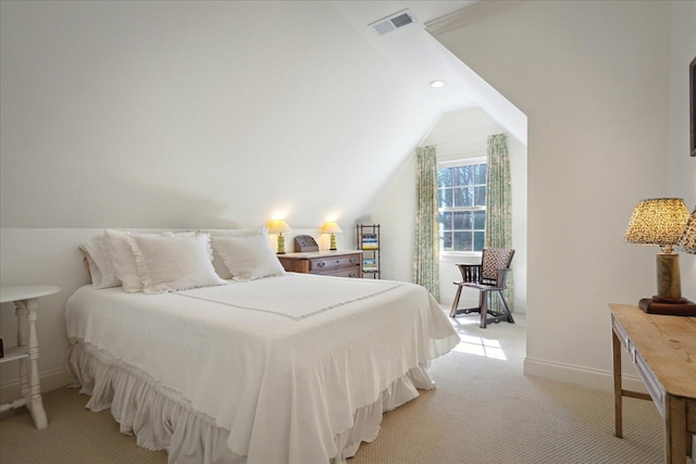 bedroom with baseboards, visible vents, light colored carpet, vaulted ceiling, and recessed lighting