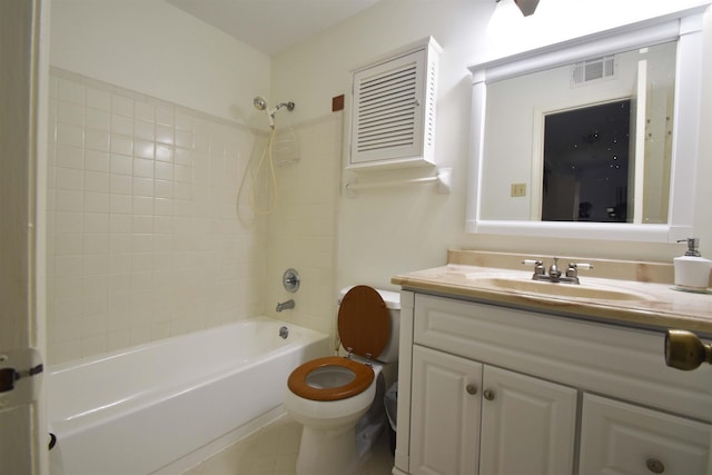 full bath with toilet, vanity, visible vents, and shower / bathtub combination