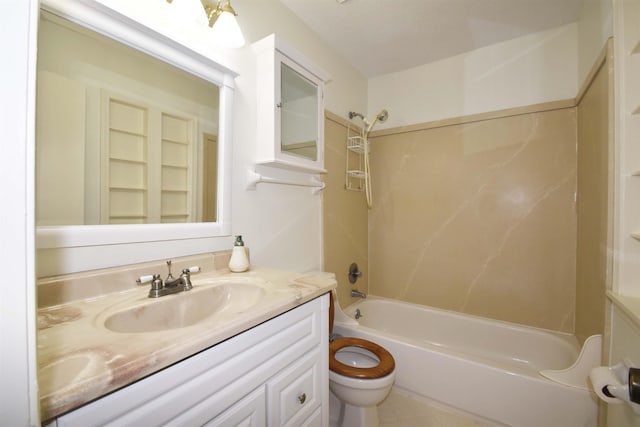 full bathroom featuring toilet, washtub / shower combination, and vanity