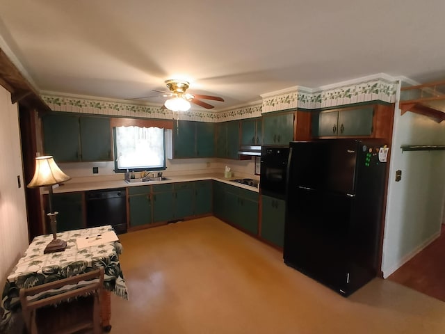 kitchen with black appliances, a ceiling fan, light countertops, and a sink