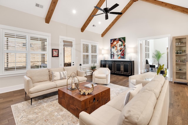 living room featuring beam ceiling, visible vents, wood finished floors, high vaulted ceiling, and baseboards