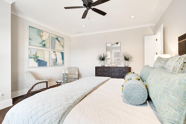 bedroom featuring ceiling fan, recessed lighting, baseboards, ornamental molding, and dark wood finished floors