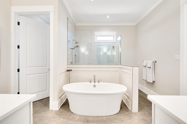 bathroom featuring baseboards, ornamental molding, a freestanding bath, vanity, and a walk in shower