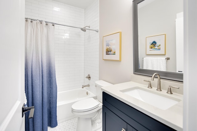 bathroom featuring shower / bath combination with curtain, vanity, and toilet