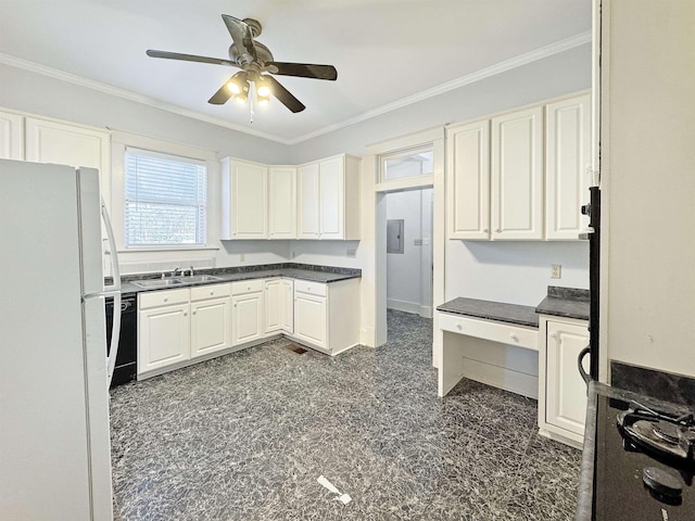 kitchen with dishwasher, ornamental molding, dark countertops, and freestanding refrigerator