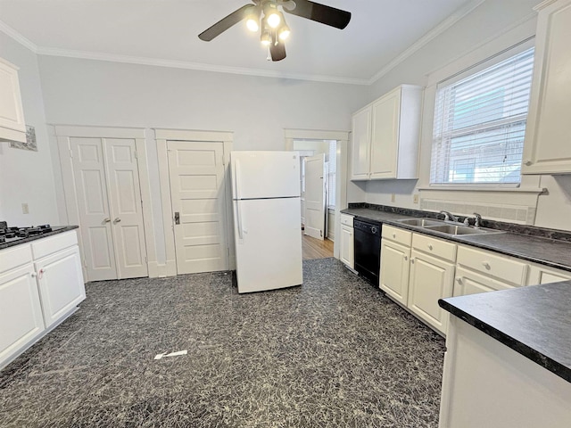 kitchen featuring black appliances, dark countertops, a sink, and crown molding