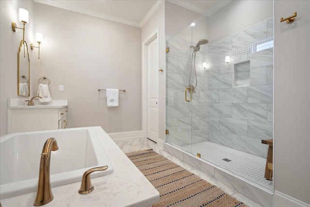 bathroom with vanity, baseboards, marble finish floor, ornamental molding, and a tile shower