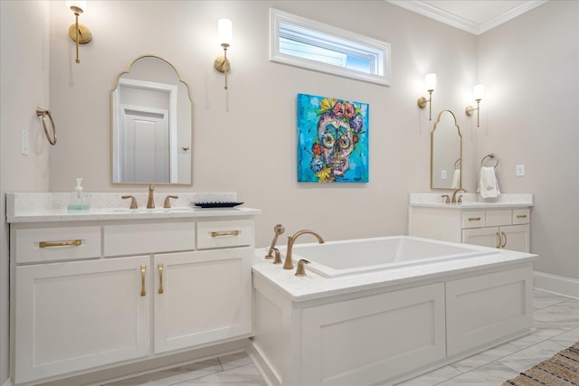 full bathroom featuring marble finish floor, ornamental molding, two vanities, and a sink