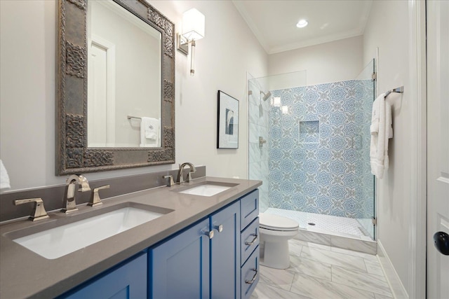 full bathroom with crown molding, marble finish floor, tiled shower, and a sink