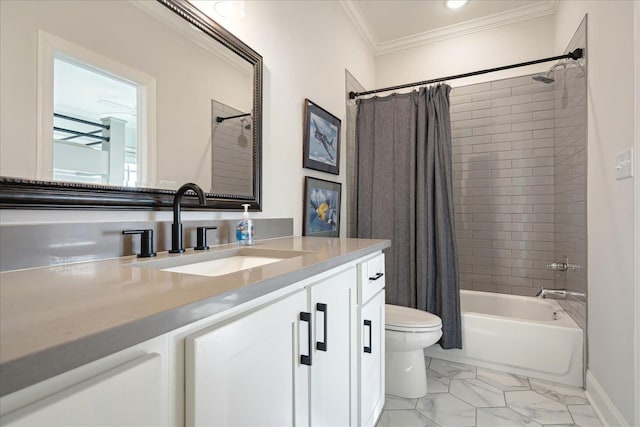 bathroom featuring marble finish floor, shower / bathtub combination with curtain, toilet, ornamental molding, and vanity