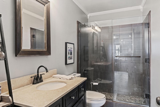 full bathroom with toilet, a stall shower, and ornamental molding