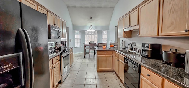 kitchen with black appliances, a notable chandelier, a sink, and light brown cabinetry