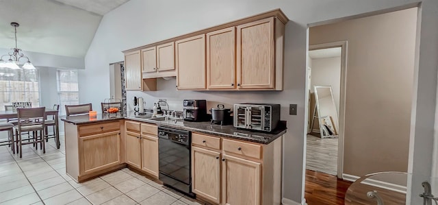 kitchen featuring a chandelier, light brown cabinets, dishwasher, and a sink