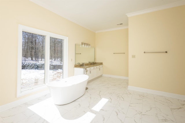 full bathroom featuring marble finish floor, baseboards, and crown molding