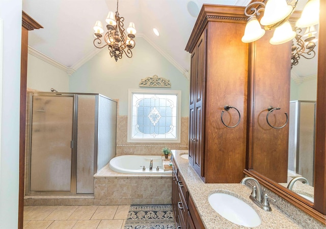 bathroom with a stall shower, ornamental molding, an inviting chandelier, vanity, and a bath