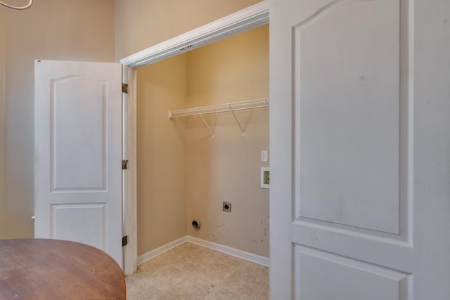 laundry room featuring light tile patterned floors, hookup for a washing machine, hookup for an electric dryer, laundry area, and baseboards