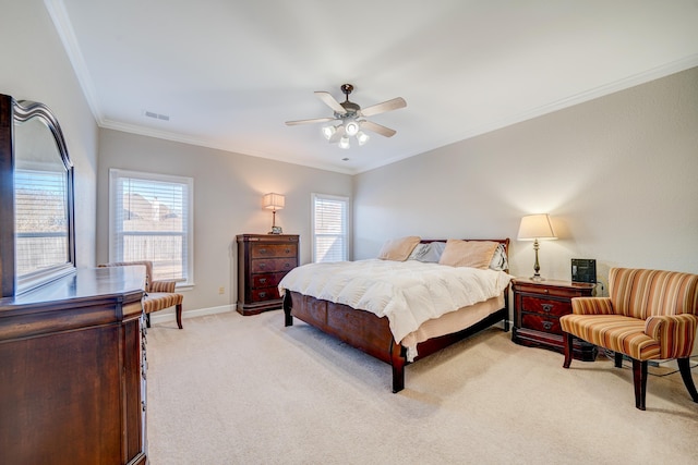 bedroom featuring light carpet, baseboards, visible vents, ceiling fan, and crown molding