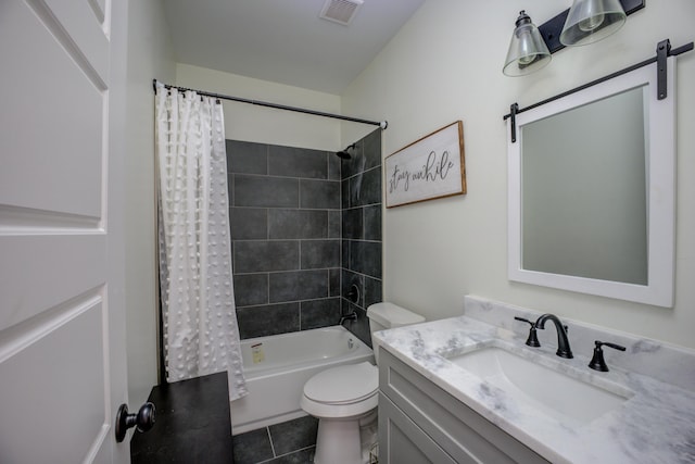 bathroom with toilet, shower / tub combo, vanity, visible vents, and tile patterned floors