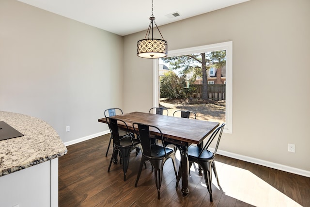 dining space featuring baseboards, visible vents, and dark wood-style flooring