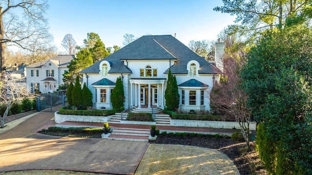 french country style house with a chimney and a gate