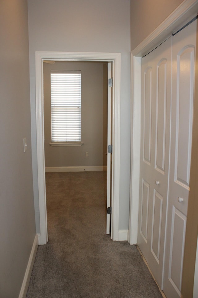 hallway with baseboards and carpet flooring