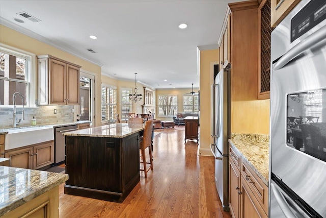 kitchen featuring wood finished floors, a sink, open floor plan, appliances with stainless steel finishes, and decorative backsplash