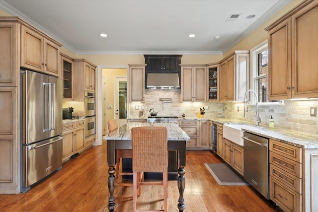 kitchen featuring appliances with stainless steel finishes, dark wood finished floors, a sink, and ornamental molding