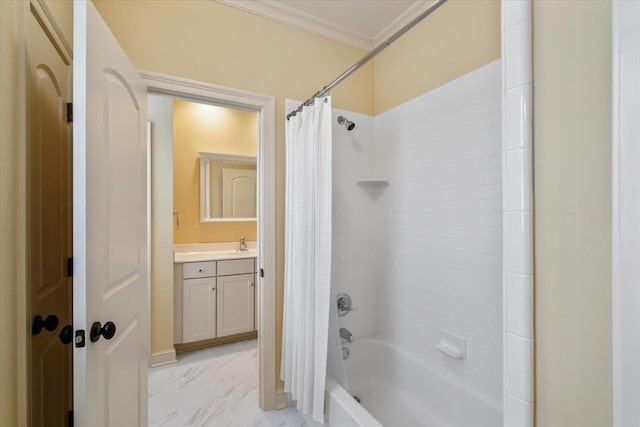 bathroom featuring marble finish floor, shower / bath combo, crown molding, and vanity