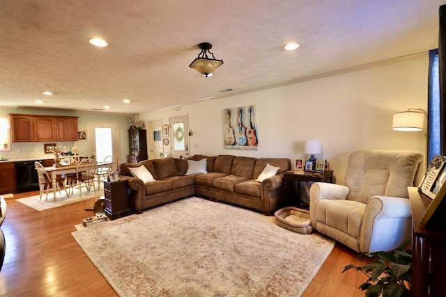 living room featuring a textured ceiling, light wood-type flooring, and recessed lighting