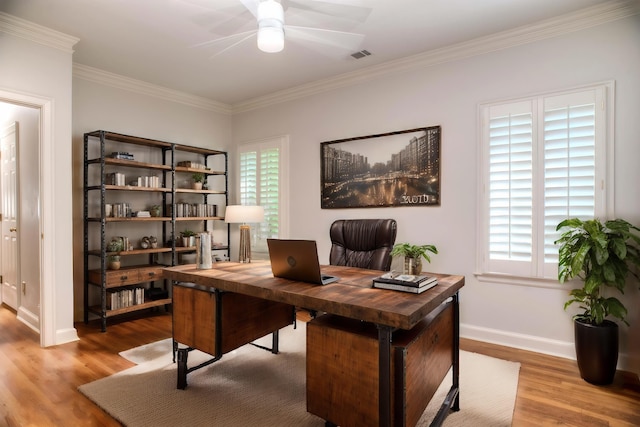 office with a healthy amount of sunlight, ceiling fan, visible vents, and wood finished floors