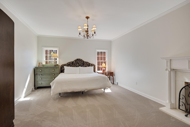 carpeted bedroom with a fireplace with raised hearth, ornamental molding, an inviting chandelier, and baseboards