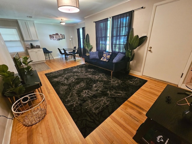 living room with baseboards, light wood finished floors, and crown molding