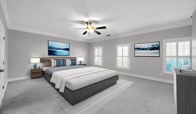 bedroom featuring ornamental molding, visible vents, and baseboards