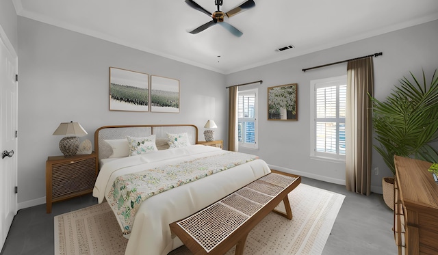 carpeted bedroom featuring ornamental molding, visible vents, baseboards, and a ceiling fan