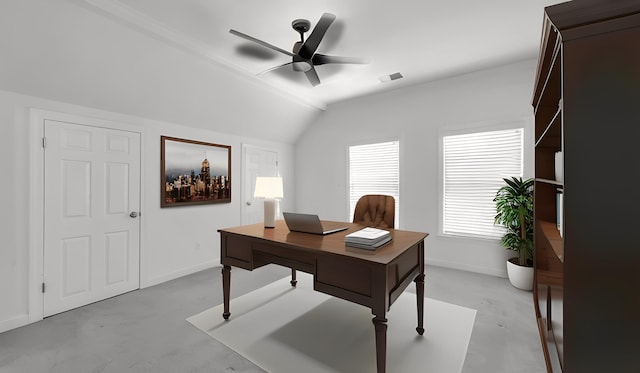 office space with lofted ceiling, baseboards, visible vents, and a ceiling fan