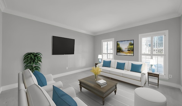 living area with baseboards, a wealth of natural light, and crown molding