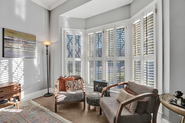 sitting room featuring a wood stove, plenty of natural light, baseboards, and tile patterned flooring