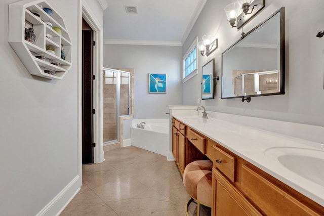 full bath featuring double vanity, a shower stall, visible vents, and crown molding