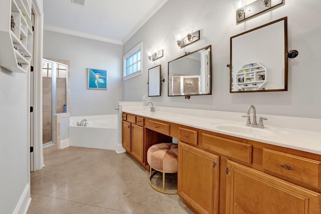 bathroom featuring a bath, a stall shower, ornamental molding, and a sink