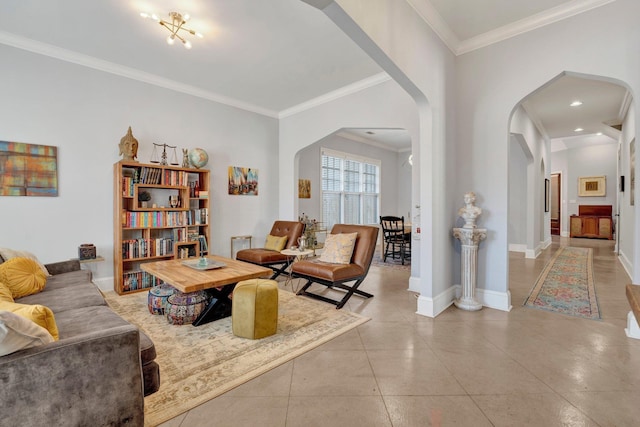 living room with arched walkways, crown molding, baseboards, and tile patterned floors