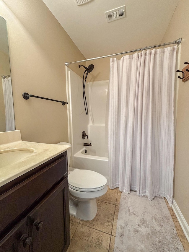 bathroom with shower / tub combo, visible vents, toilet, tile patterned floors, and vanity