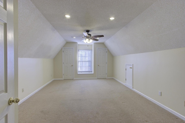 additional living space featuring lofted ceiling, carpet flooring, a textured ceiling, and baseboards