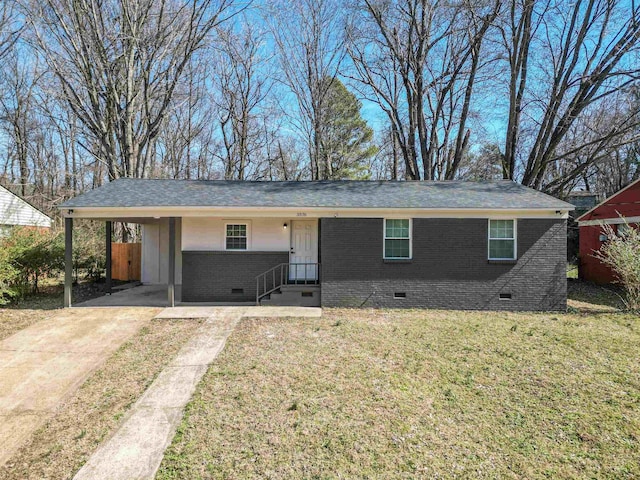 ranch-style house with brick siding, concrete driveway, crawl space, a carport, and a front yard