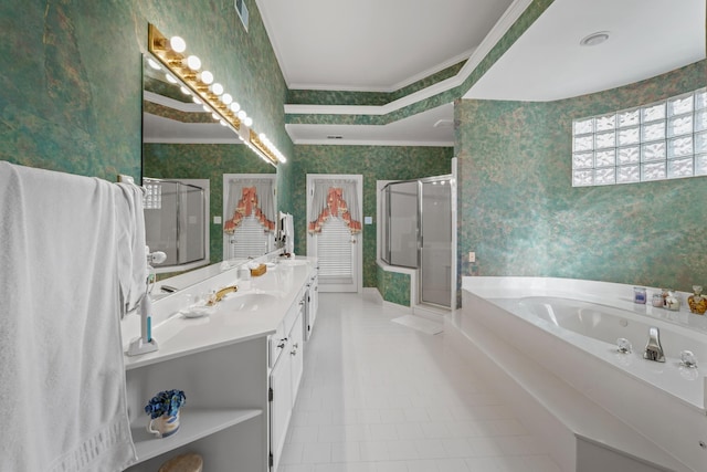 bathroom featuring wallpapered walls, ornamental molding, a bath, and a stall shower