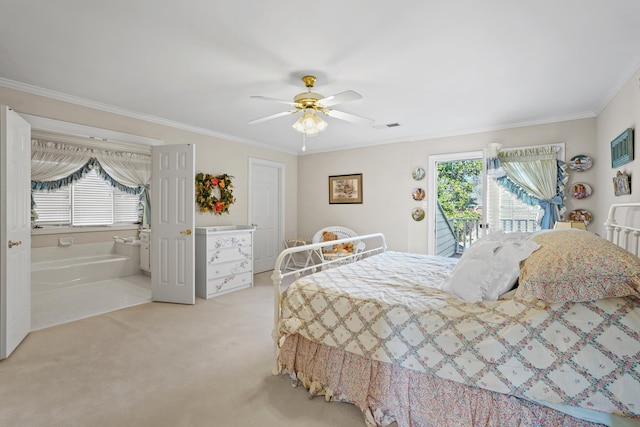 bedroom featuring light carpet, ceiling fan, access to exterior, and crown molding