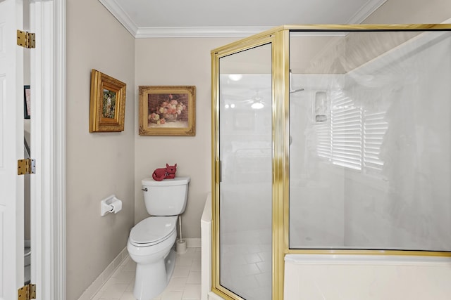 full bath with a stall shower, baseboards, toilet, ornamental molding, and tile patterned flooring