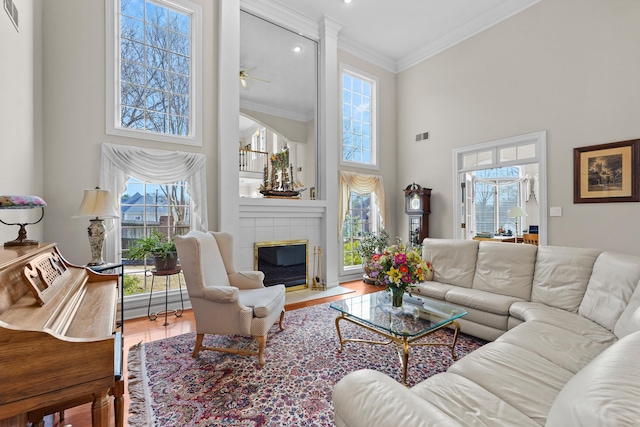 living area with a tiled fireplace, wood finished floors, a towering ceiling, and crown molding