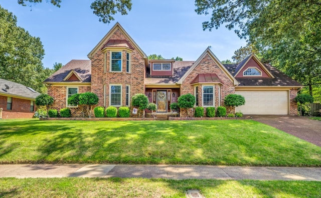 view of front of property with aphalt driveway, a front yard, brick siding, and a garage