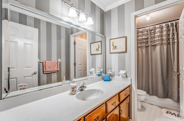 full bath with ornamental molding, vanity, toilet, and tile patterned floors